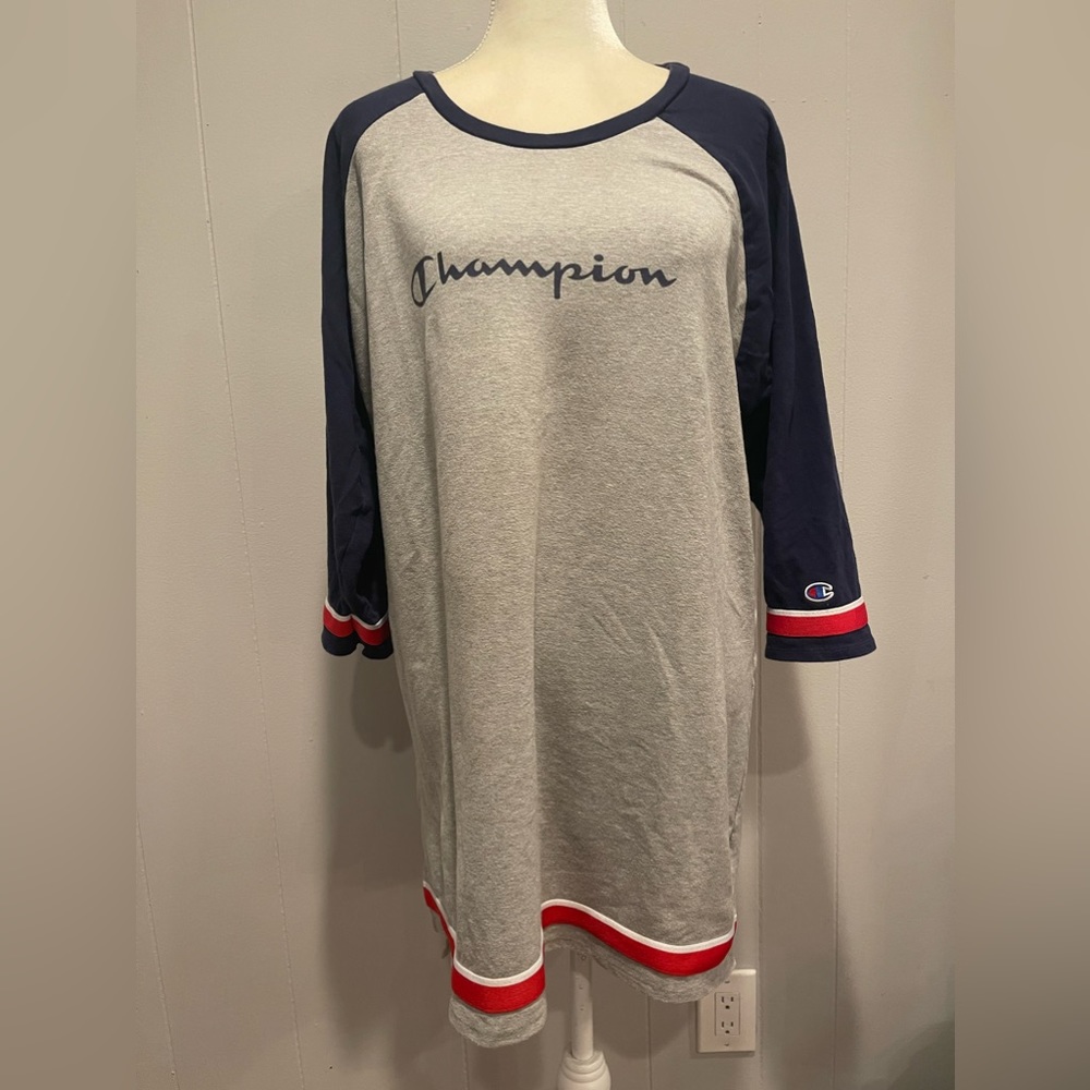 Champion Logo 3/4 Sleeve Sleep Shirt, Women's Size XL, Gray